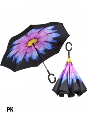 Pink&Blue Flower Print Double Layer Inverted Umbrellas W/ C-Shaped Handle